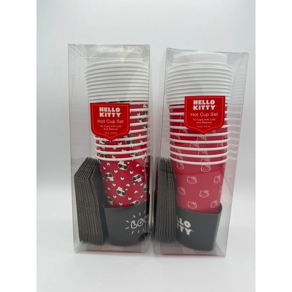 Hello‎ Kitty Hot Cup Set 10 Cups with Lids and Sleeves Sanrio Red Kawaii